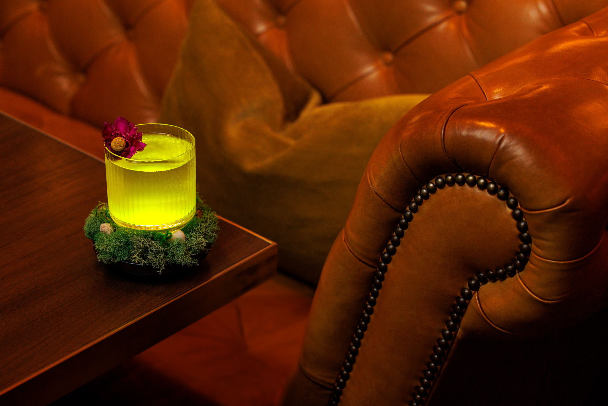 The Fairmont Library Bar's Southern Reach cocktail served on a moss coaster.