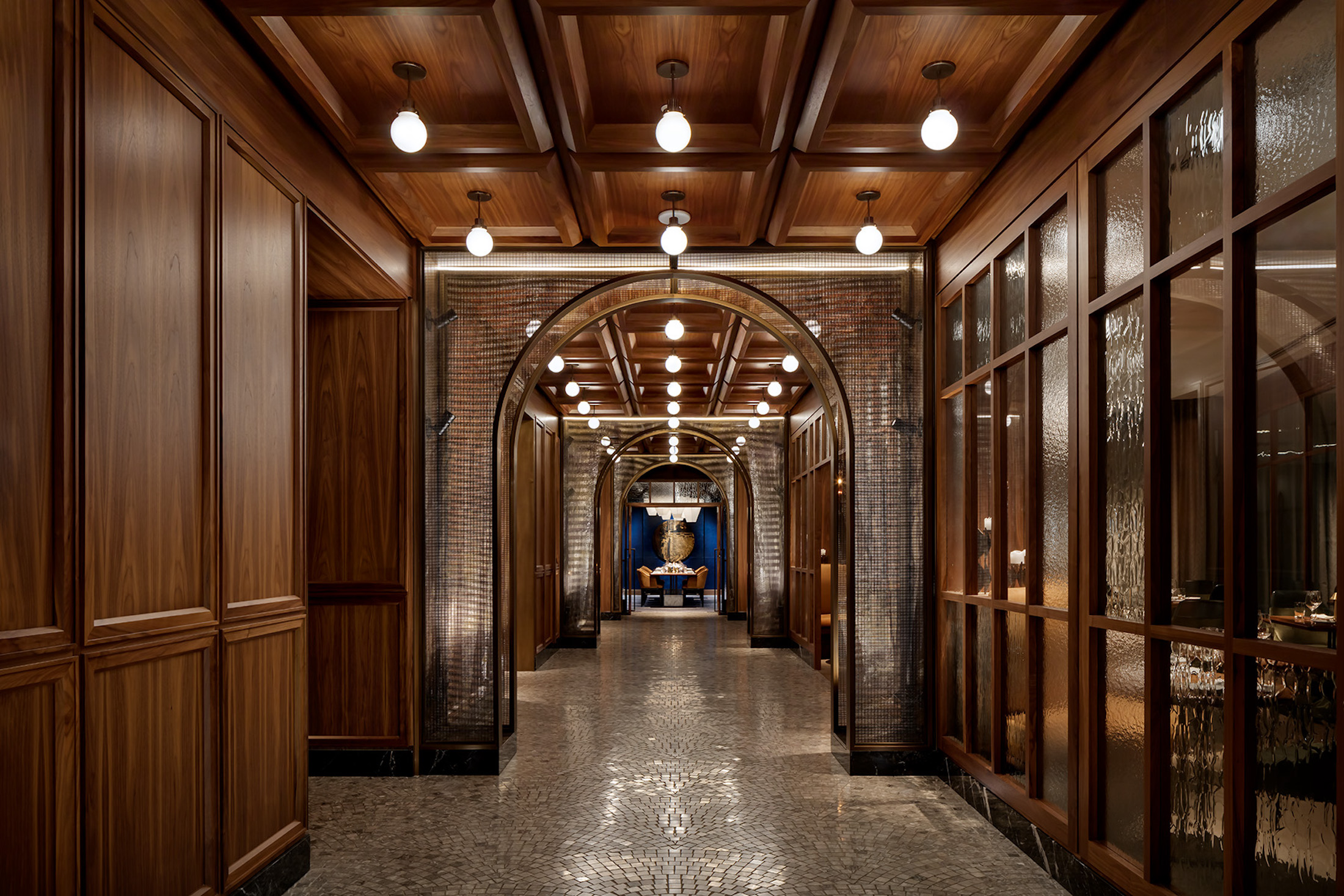 A long hallway inside Fairmont Royal York Hotel in downtown Toronto.