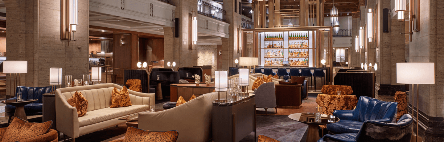 Sofas and chairs at Fairmont Royal York's lobby lounge, Clockwork.