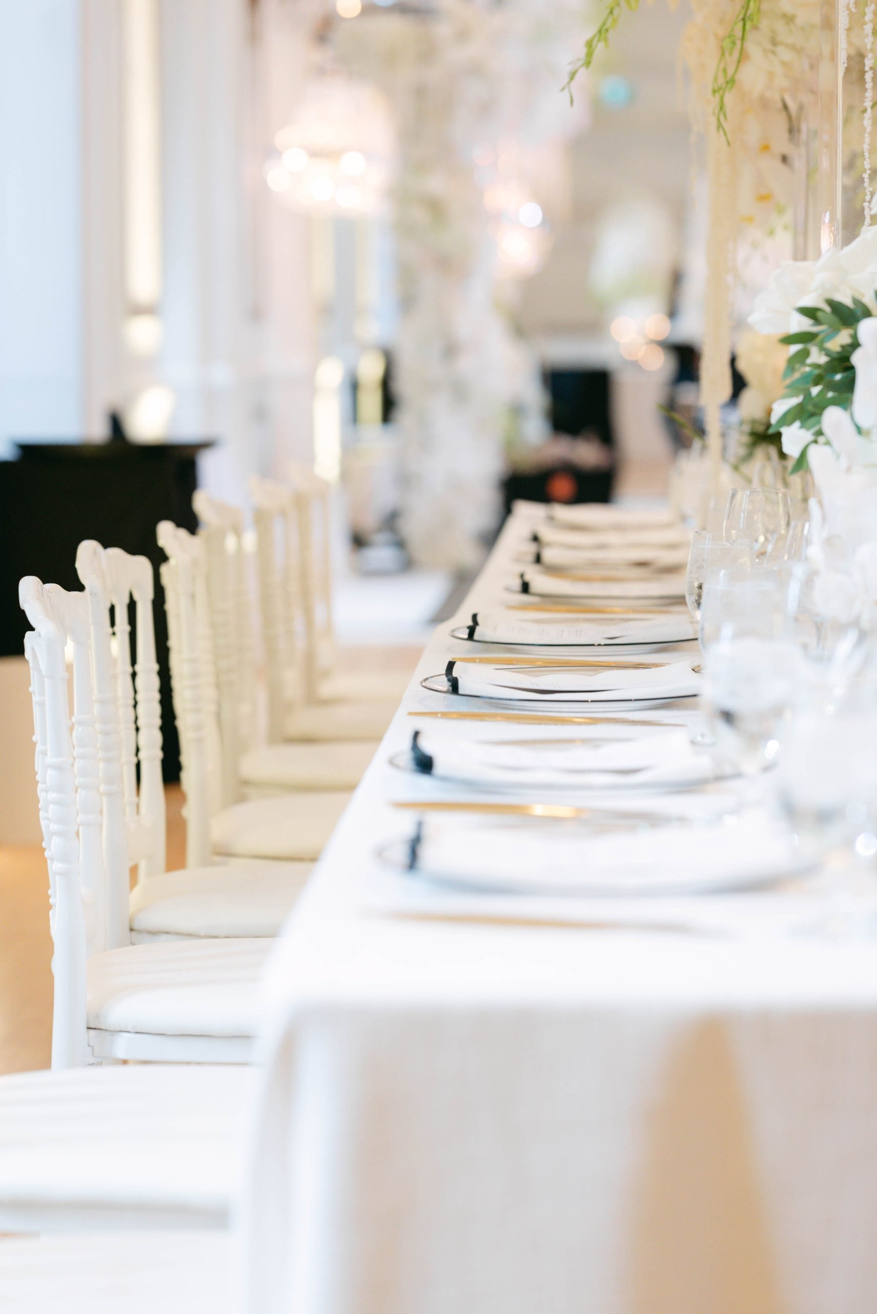 One long side of a wedding banquet table.